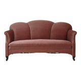 1950s, Danish 2-seater sofa, salmon pink furniture velour, oak wood legs.