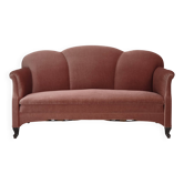 1950s, Danish 2-seater sofa, salmon pink furniture velour, oak wood legs.