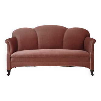 1950s, Danish 2-seater sofa, salmon pink furniture velour, oak wood legs.