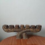 Hand-carved wooden candle holder, ethnic tribal style.