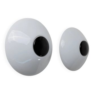 2 Vintage Murano Glass Lamps - White Opaline with Black Inset, Wall/Ceiling, 1980s Memphis Design