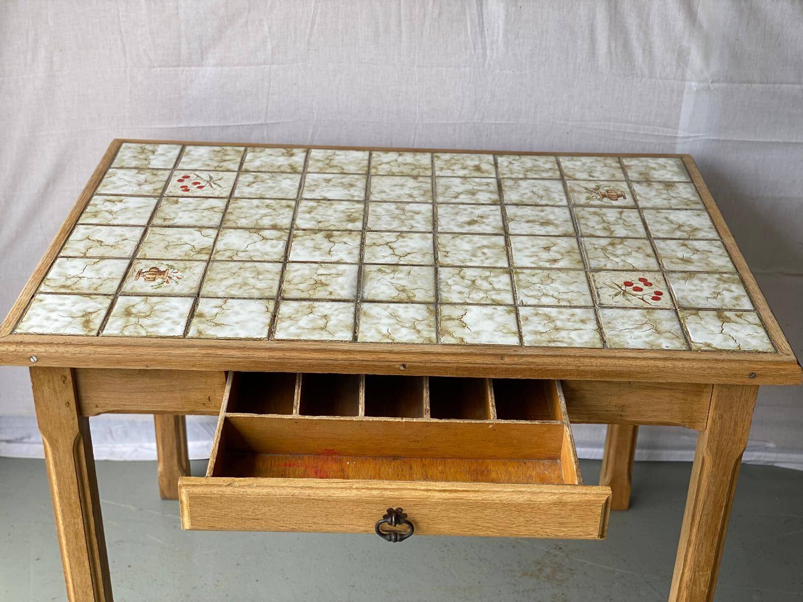 Vintage farmhouse dining table solid wood ceramic tiles 105cm renovated