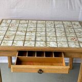 Vintage farmhouse dining table solid wood ceramic tiles 105cm renovated