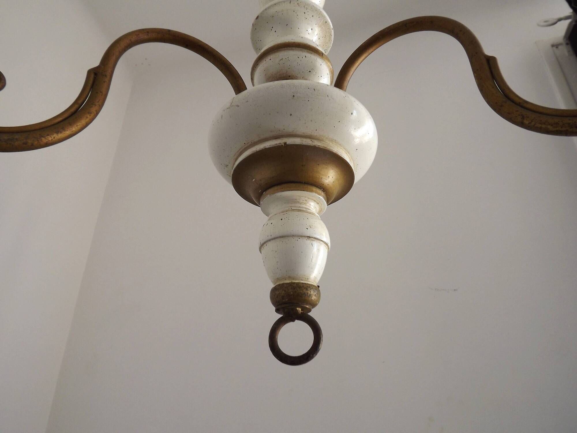 Vintage French 3-Light Chandelier White Wood & Bronzed Effect Metal