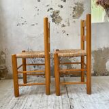 Pair of straw and pine chairs, mountain furniture