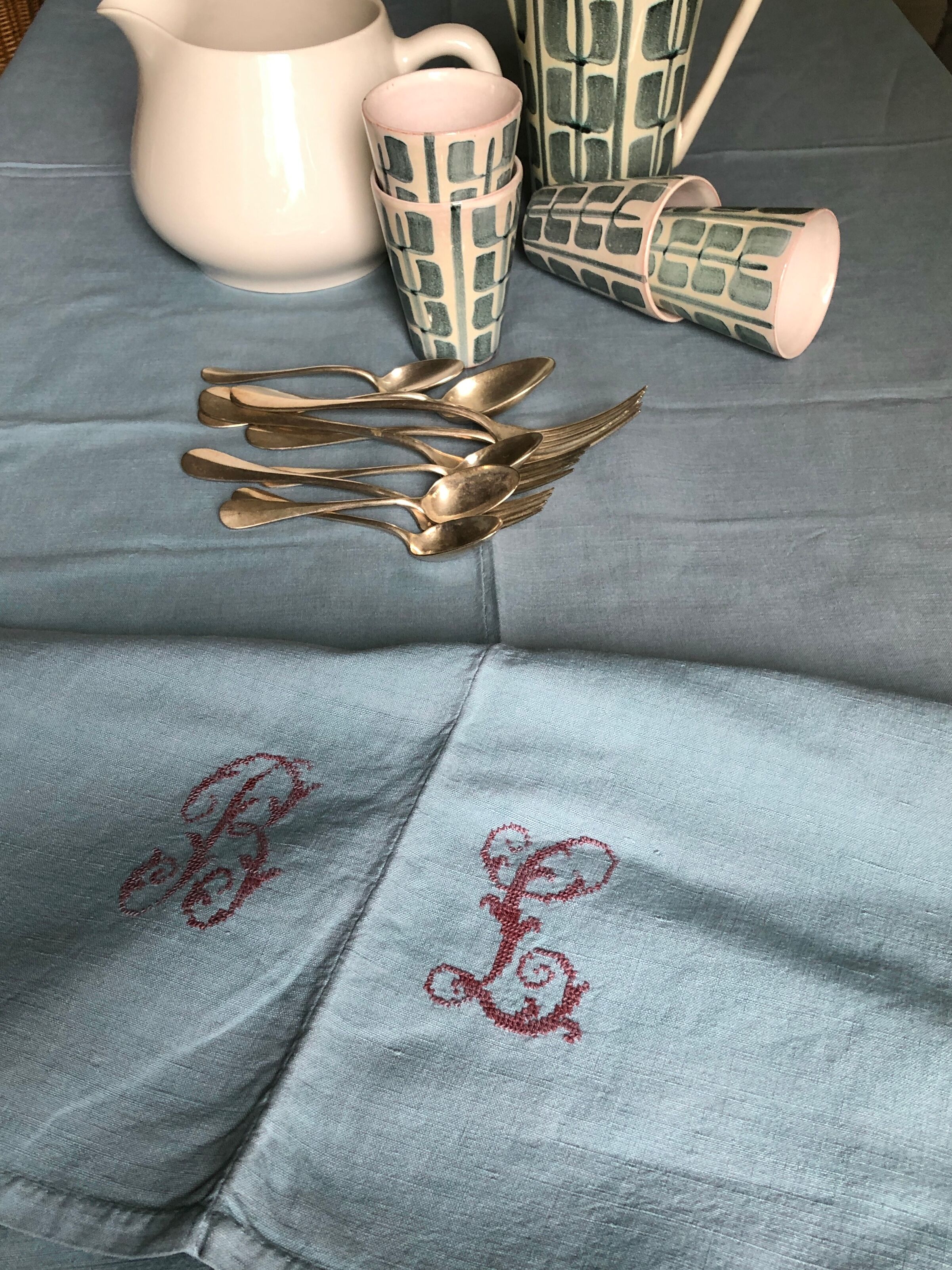 Old harvest tablecloth in linen and cotton tinted in steel blue