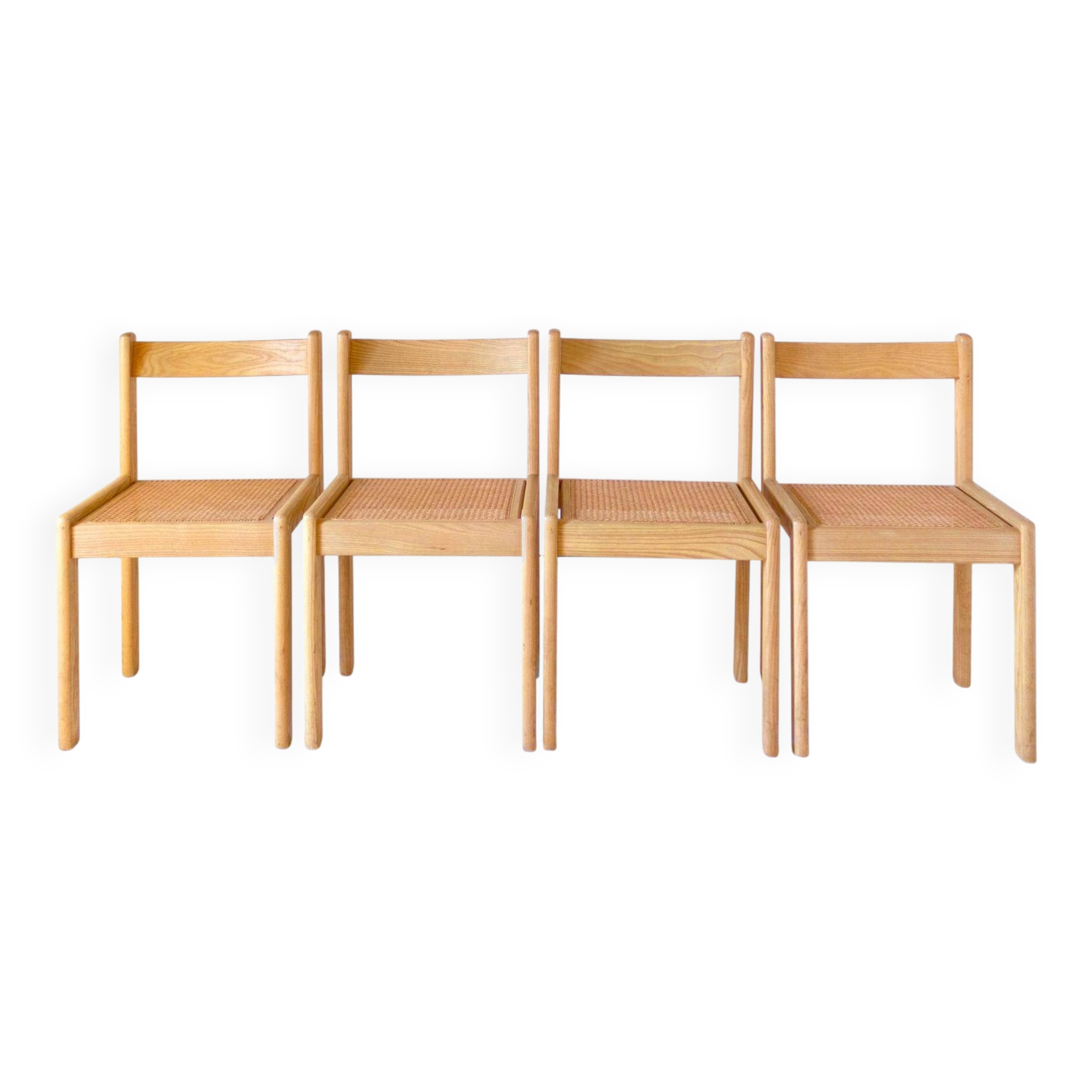 Set of four Italian oak dining chairs with Vienna straw seats, 1970s