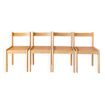 Set of four Italian oak dining chairs with Vienna straw seats, 1970s