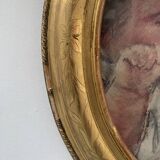 Oval frame with pediment in wood and gilded plaster, 19th century