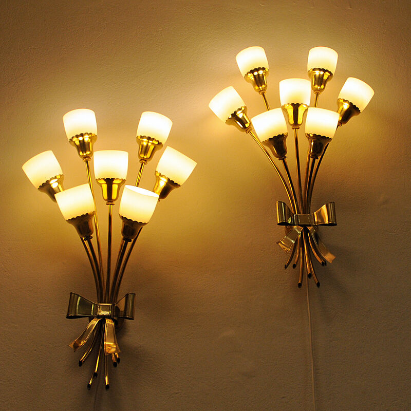 Vintage bouquet modern design brass wall lamp pair from the 1940s