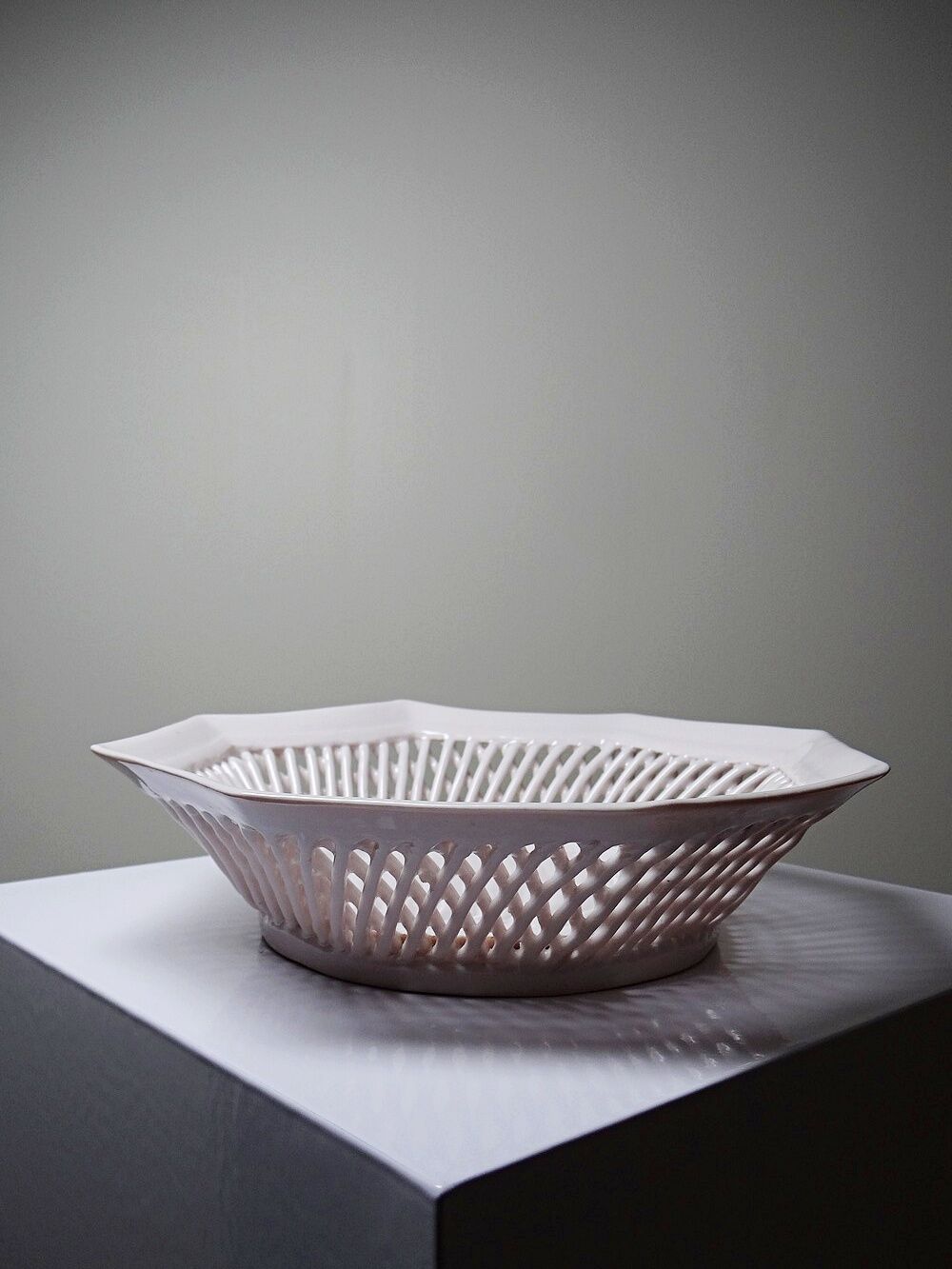 Pale pink woven octagonal porcelain bowl, circa 1950.