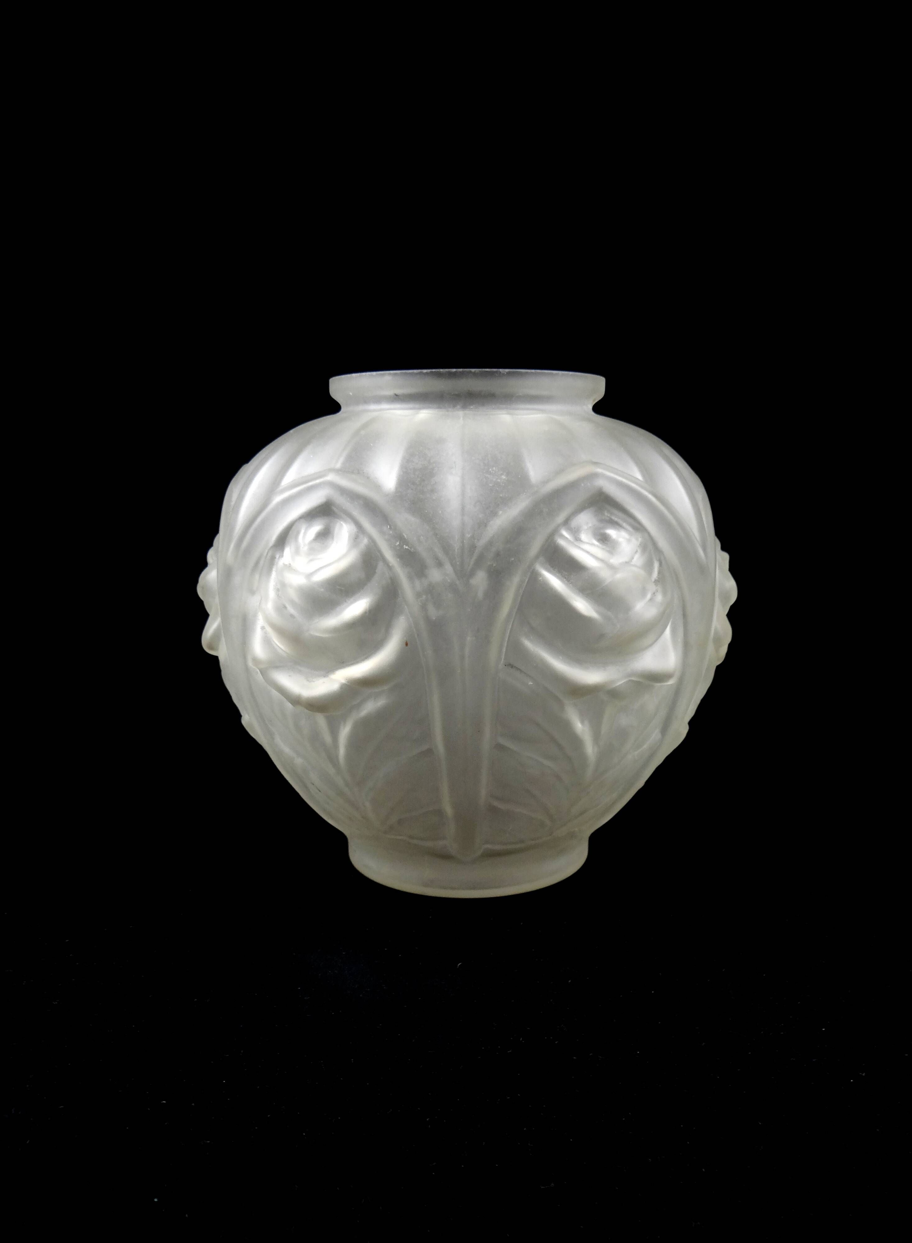 Art Deco ball vase with arches and roses in frosted molded glass