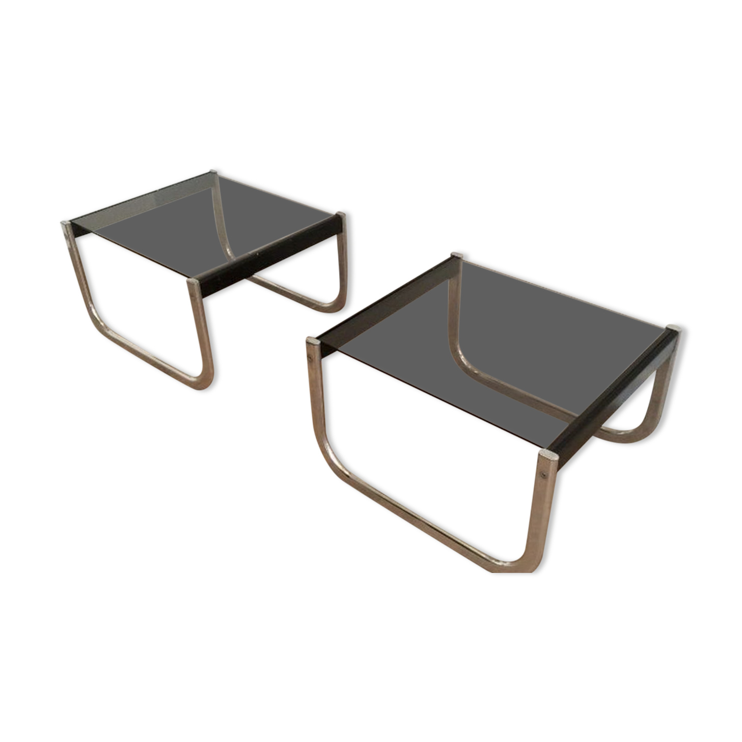 Pair of sofa ends in chrome, blackened wood and glass