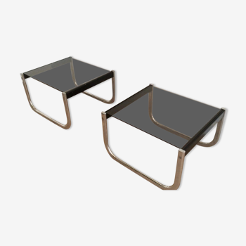 Pair of sofa ends in chrome, blackened wood and glass