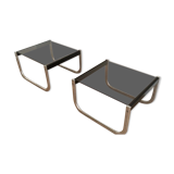 Paire de bouts de canapé en chrome, bois noirci et verre