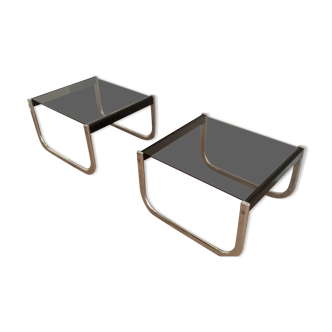 Pair of sofa ends in chrome, blackened wood and glass