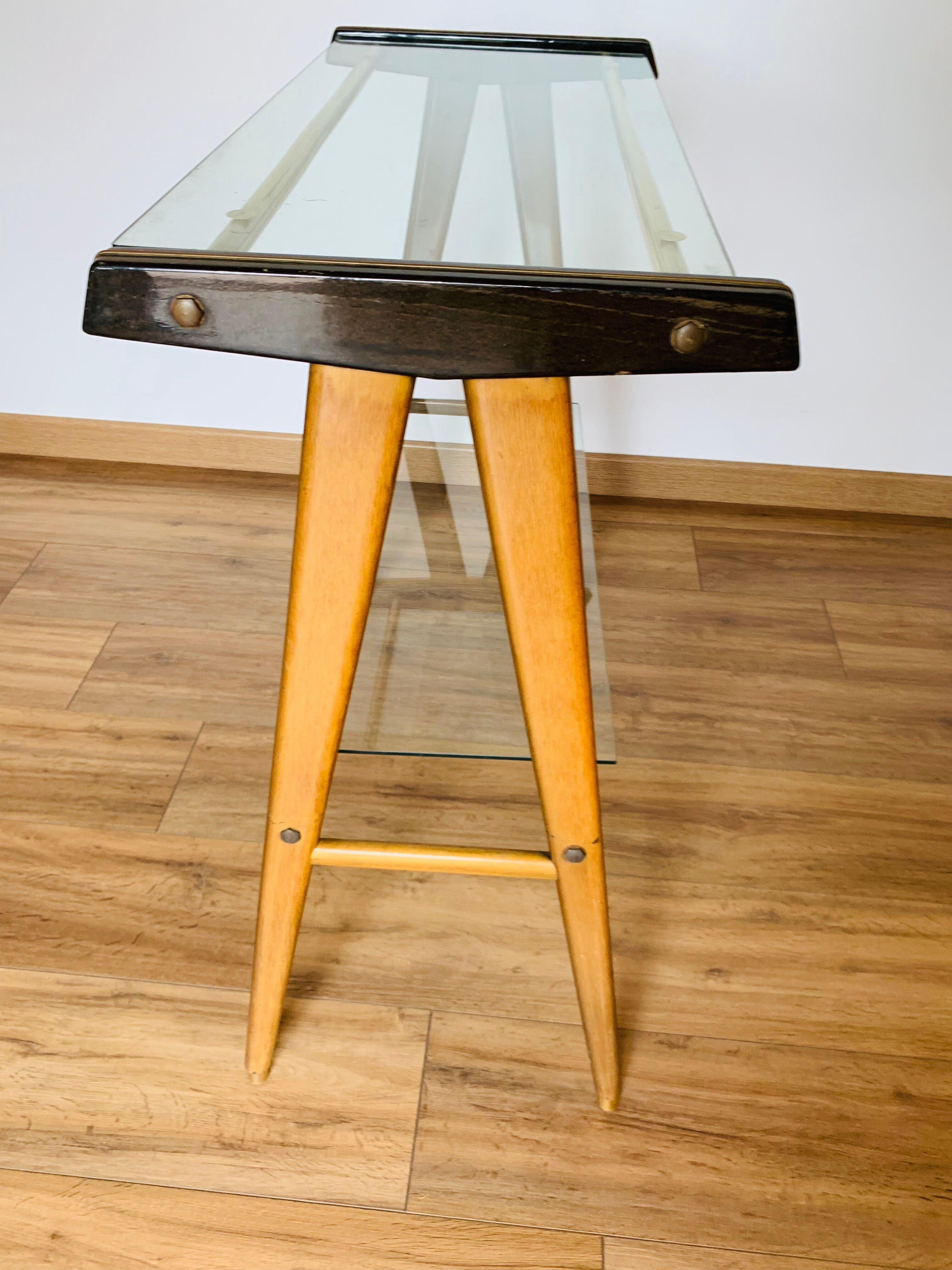 Vintage console in wood, glass and gold metal