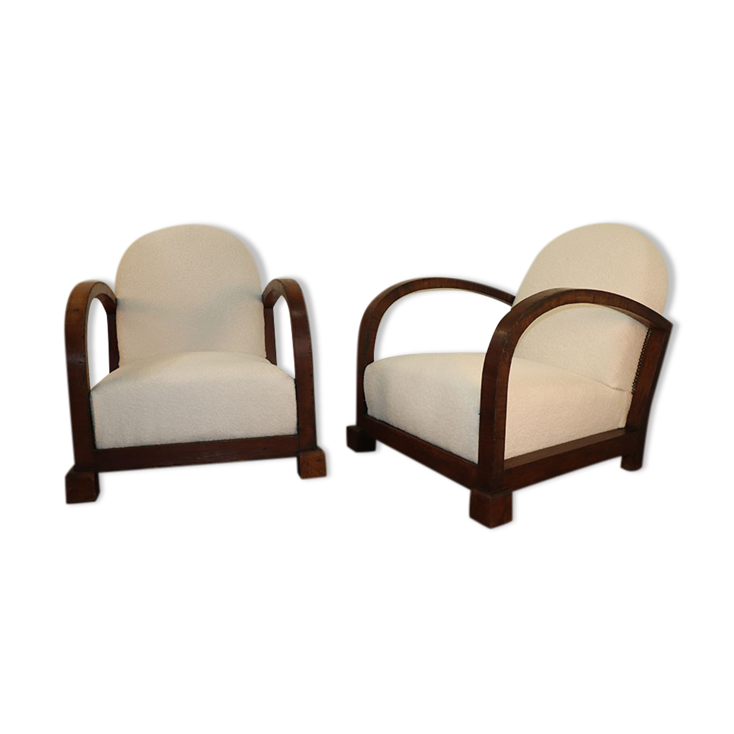 Pair of modernist armchairs in wood and buckle fabric, 1940