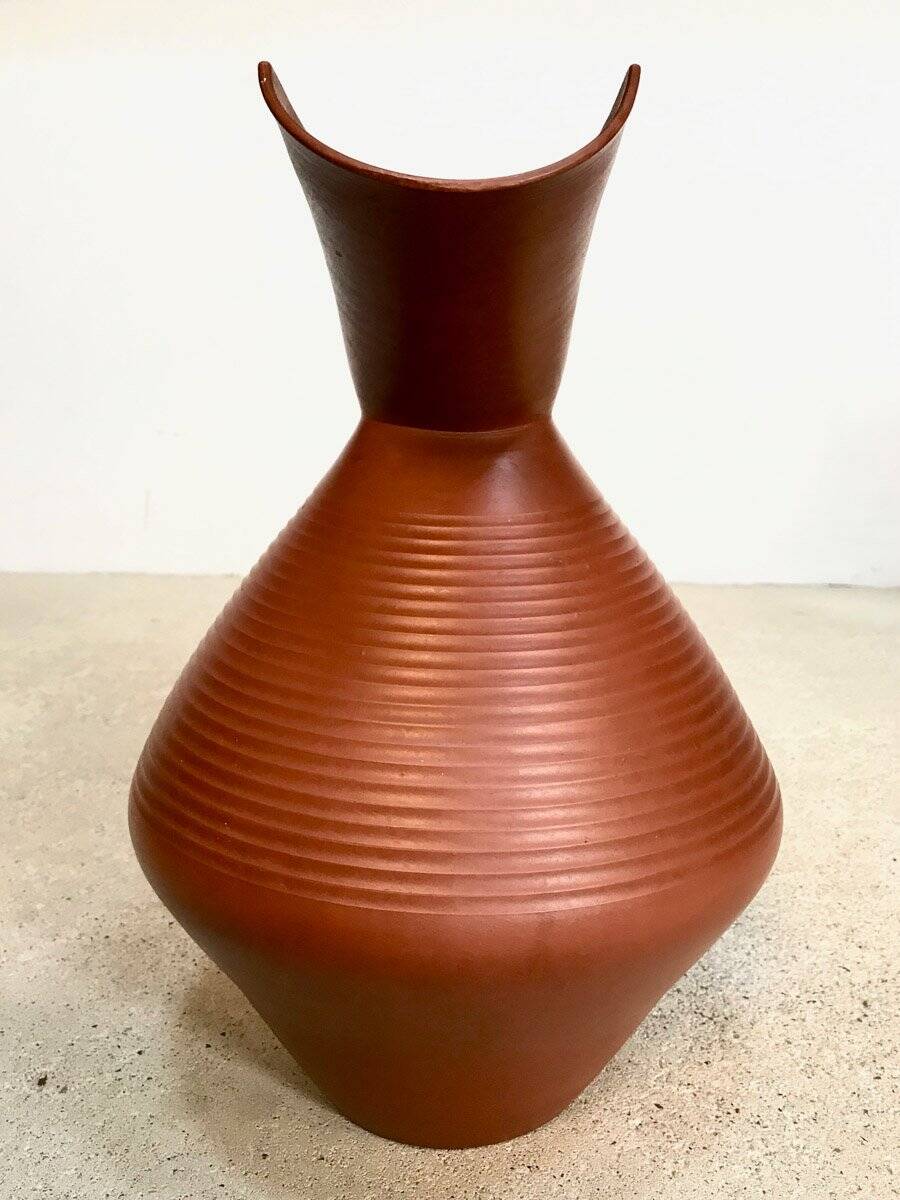 Studio pottery jug floor vase in terracotta and bamboo handle Germany 1950s