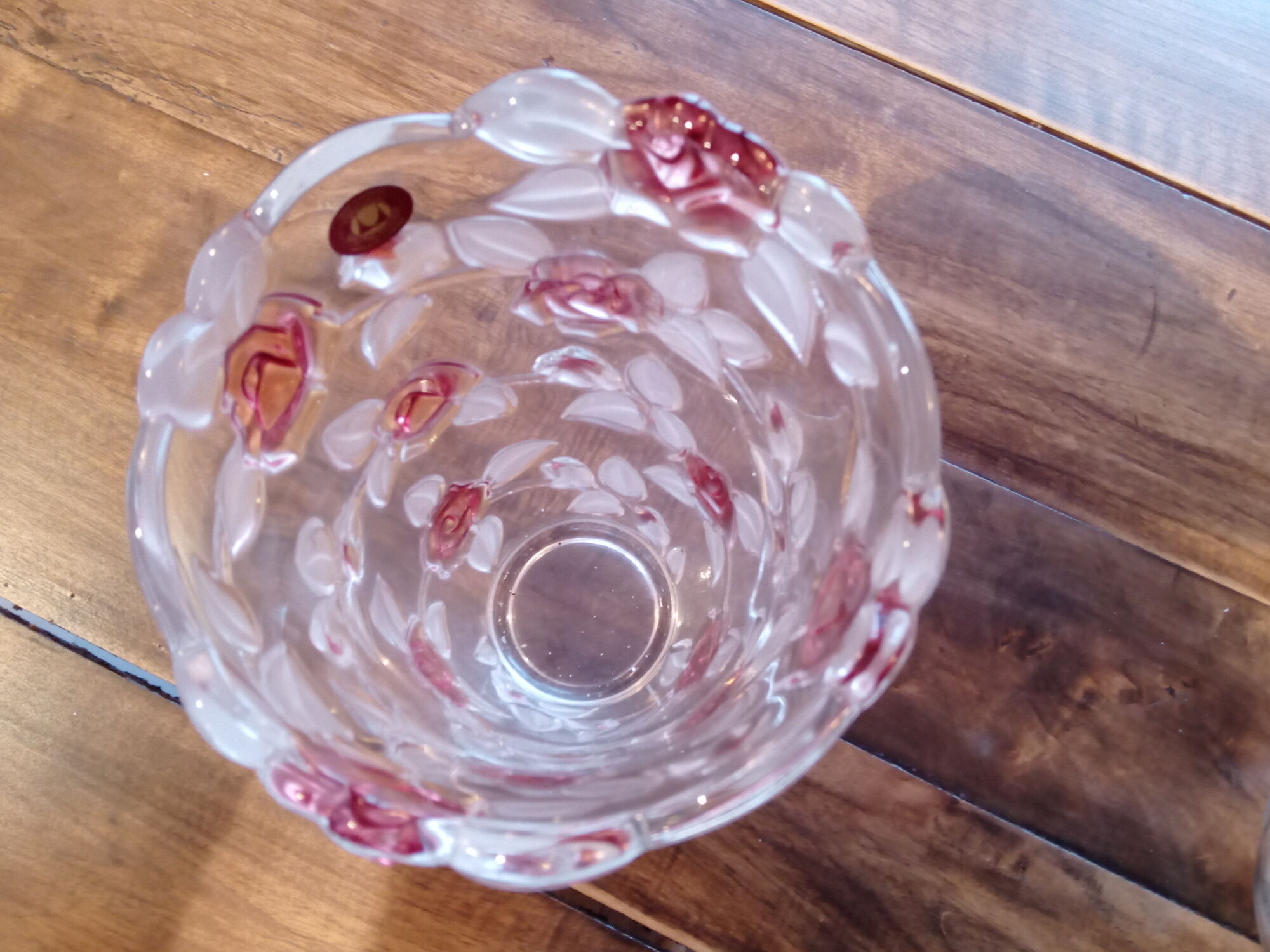 Glass vase molded pink flowers and opaque foliage "Original Waltherglas made in Germany"