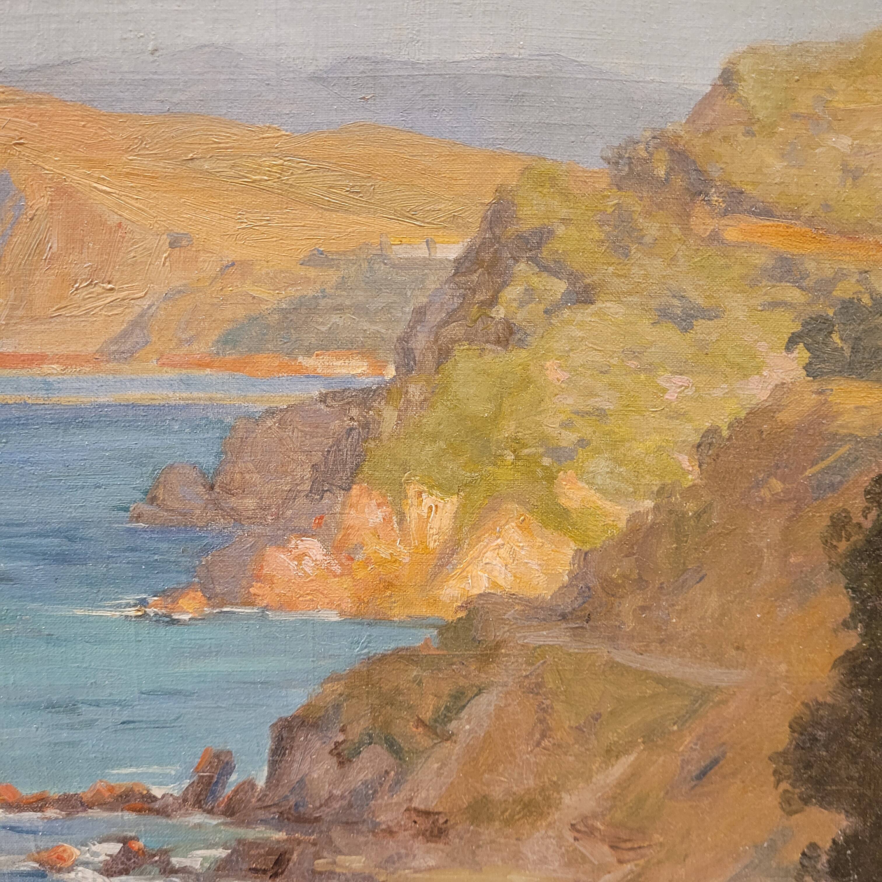 Oil on the cartoon “Vista de la costa de Villefranche”, Rene Charles Edmond