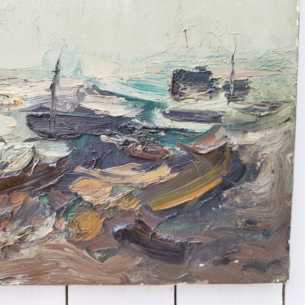 Oil on canvas boats in storm