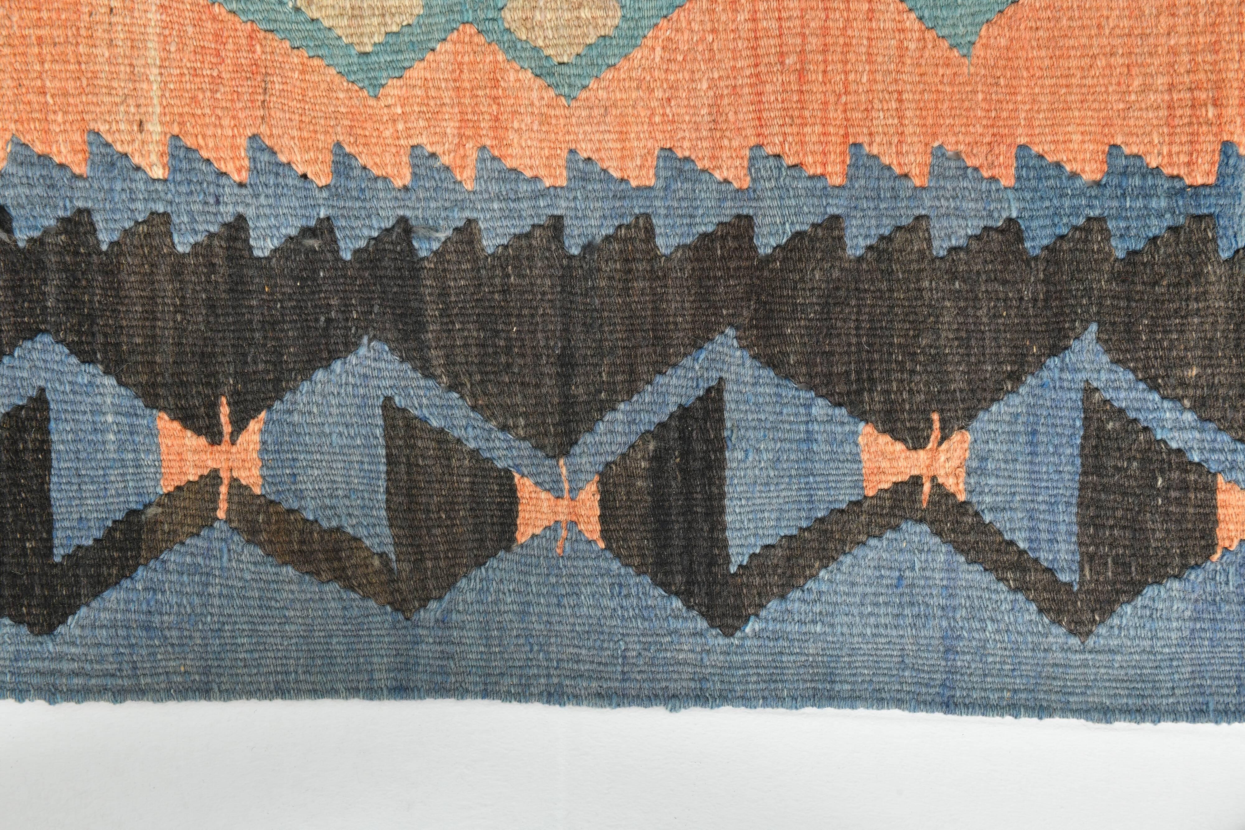 Faded Blue & Soft Peach Long Wide Handmade Kilim Rug, 168x296 Cm