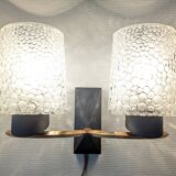 Pair of double wall lights in bubbled glass by Maison Arlus, France circa 1960.