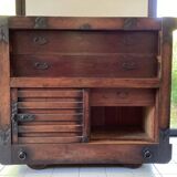 Japanese antique wooden chest with black fittings.
