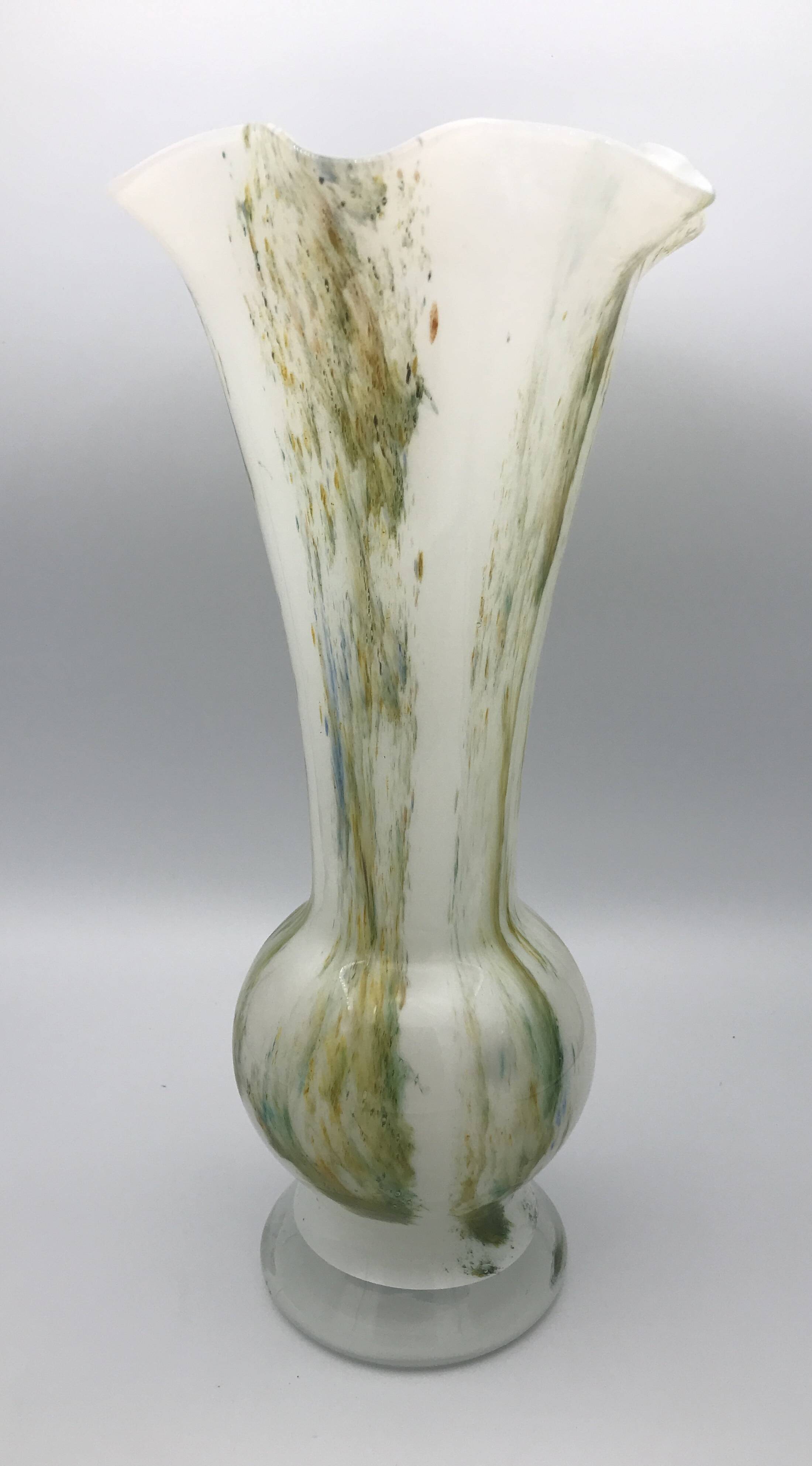 Vase in white opaline blown glass and green, yellow, blue polychrome shades