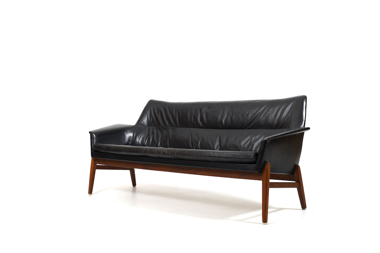 1950s Leather and Teak Wing Sofa by Ib Kofod-Larsen