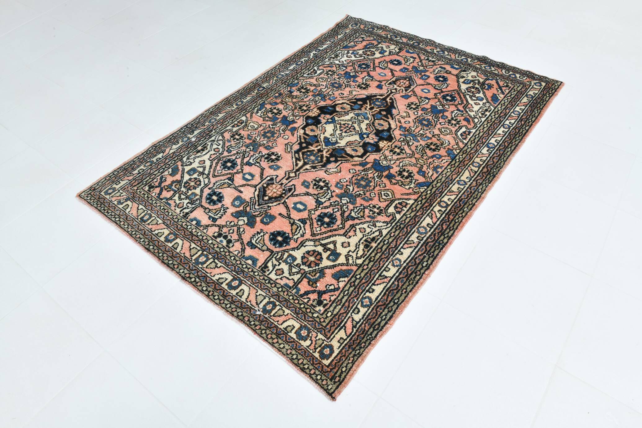 5x7 Wool Vintage Oushak Area Rug, Samon & Navy Blue Persian Rug, 142x209 Cm