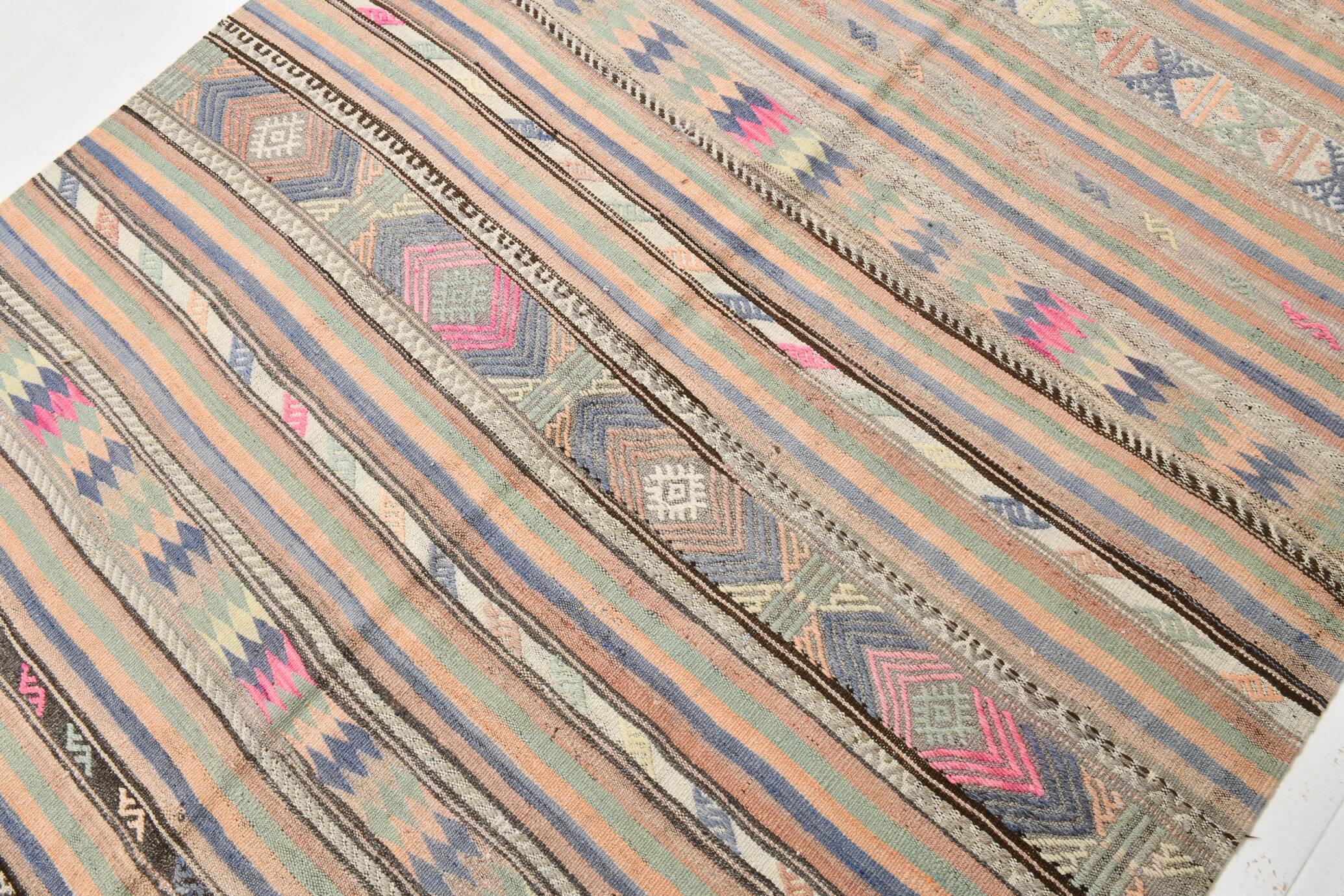 6x8 Green & Blue Striped Handmade Kilim Rug, 174x256Cm