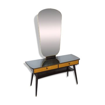 Table d'appoint avec tiroirs et grand miroir avec cadre doré, coiffeuse.