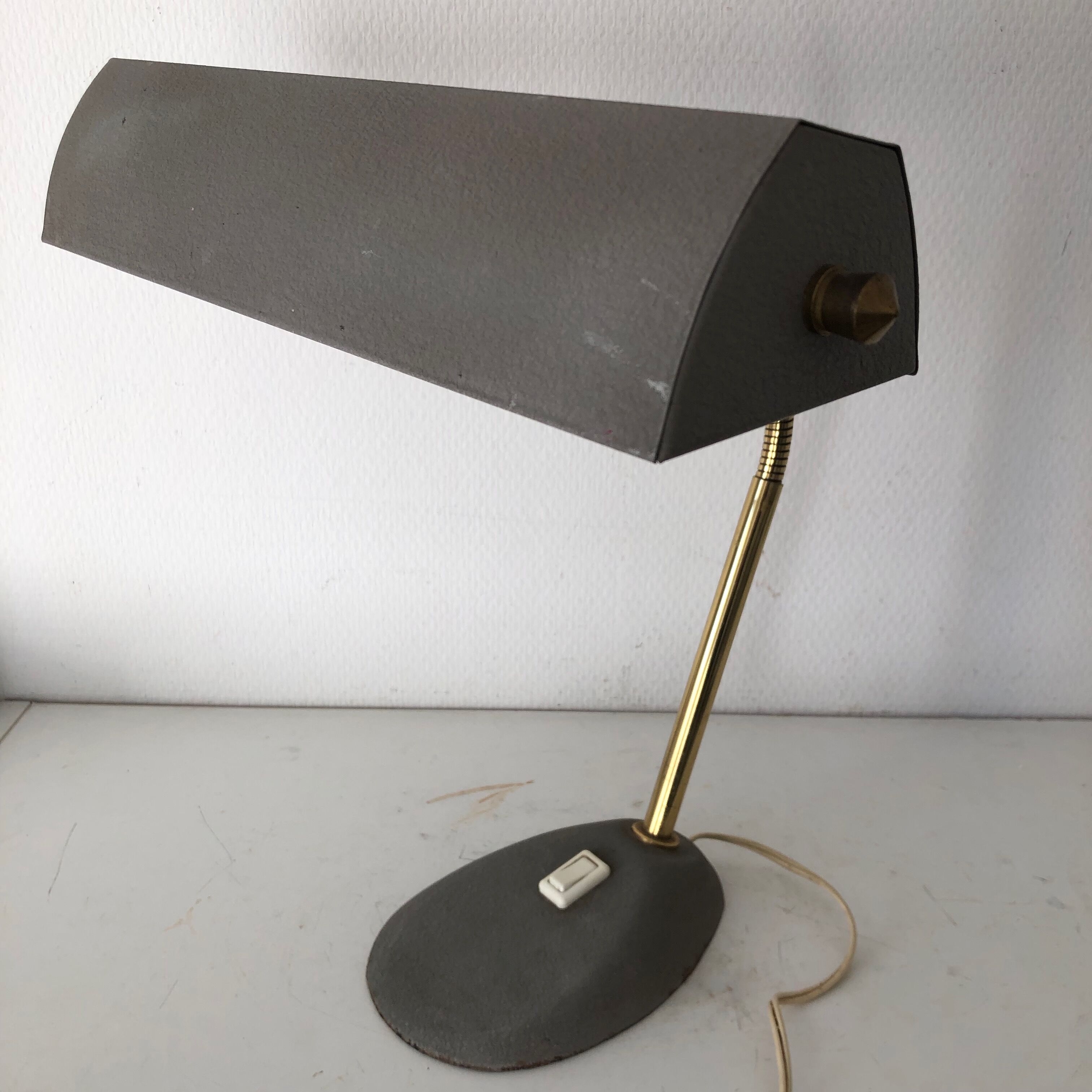Vintage 1960 40cm grey cement Aluminor banker lamp