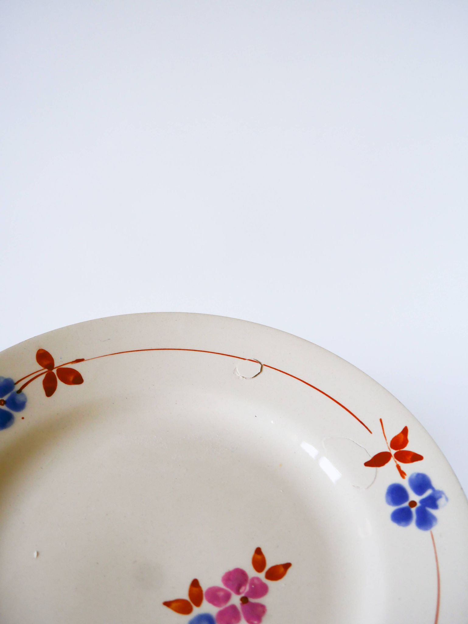 Set of 6 dessert plates, Moulin des Loups, Pink, Blue & Brown, 1950