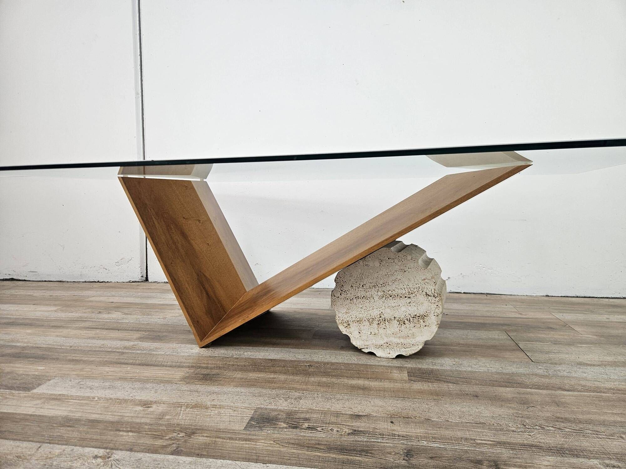 Valentino coffee table by Cattelan Italia in glass, wood, and travertine