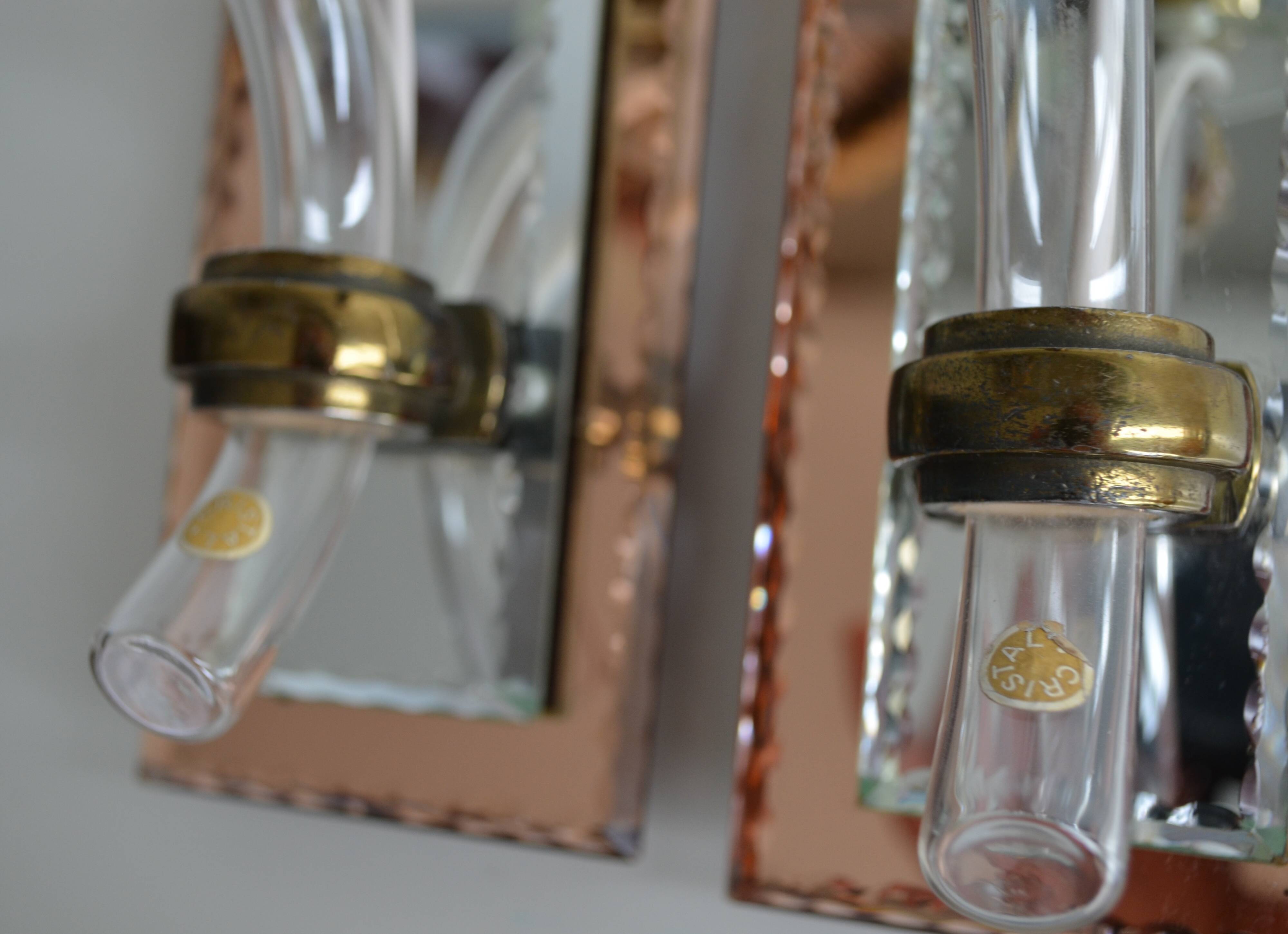 Pair of mirror and crystal wall lights from the 1940s-50s.