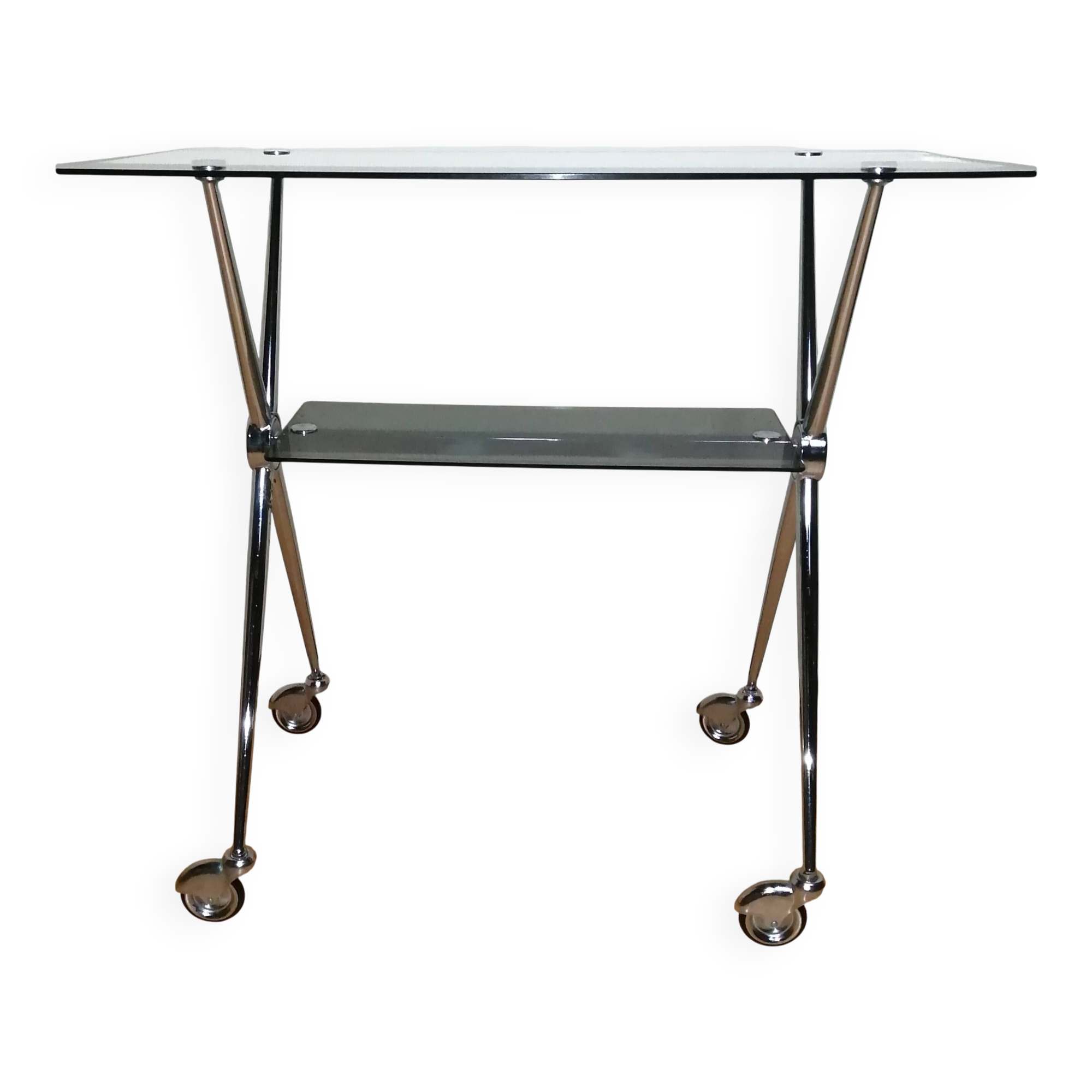 Chrome glass dessert trolley with double trays 1970