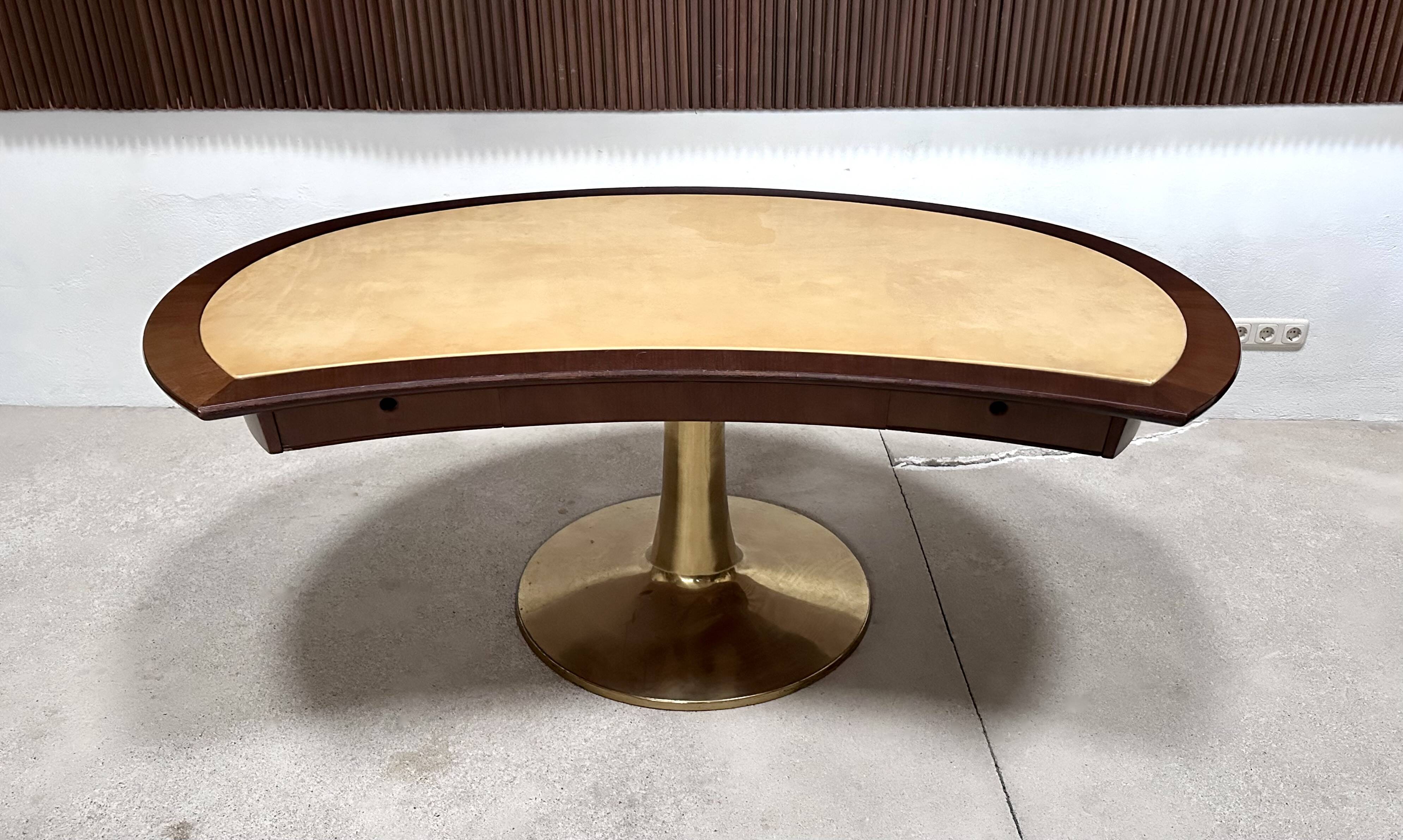 Large Italian Single Column Crescent-Shaped Desk in Goat Skin & Brass 1950s