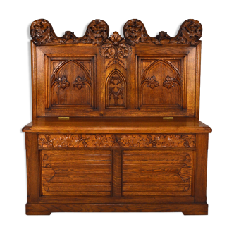 Gothic carved oak church chest bench, circa 1880