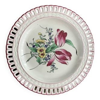 Openwork porcelain plate Lunéville France bouquet of red peonies