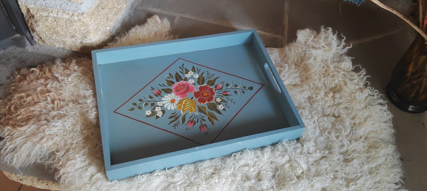 Hand-painted blue wooden tray