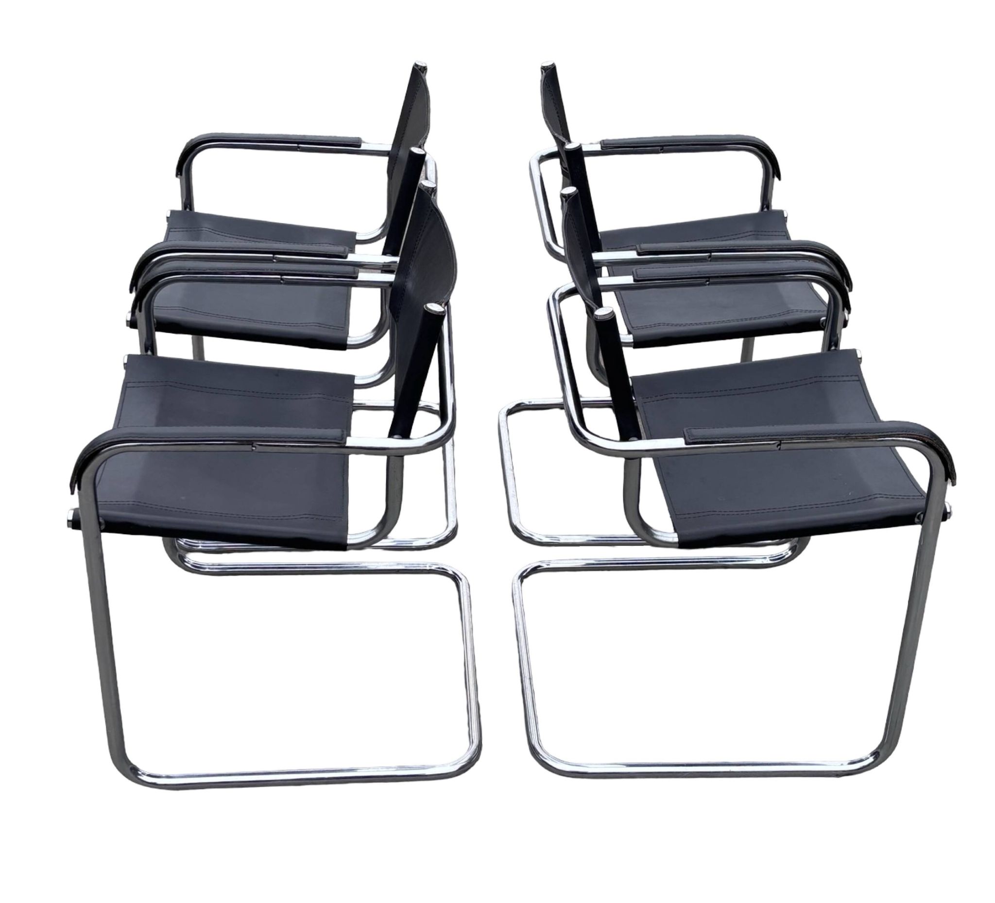 Set of 4 bauhaus cantilever chairs black leather and chrome design 80's