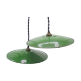 Trio of green enamelled sheet metal hanging lamps