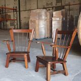 Paire de fauteuils en chêne brutaliste 1970