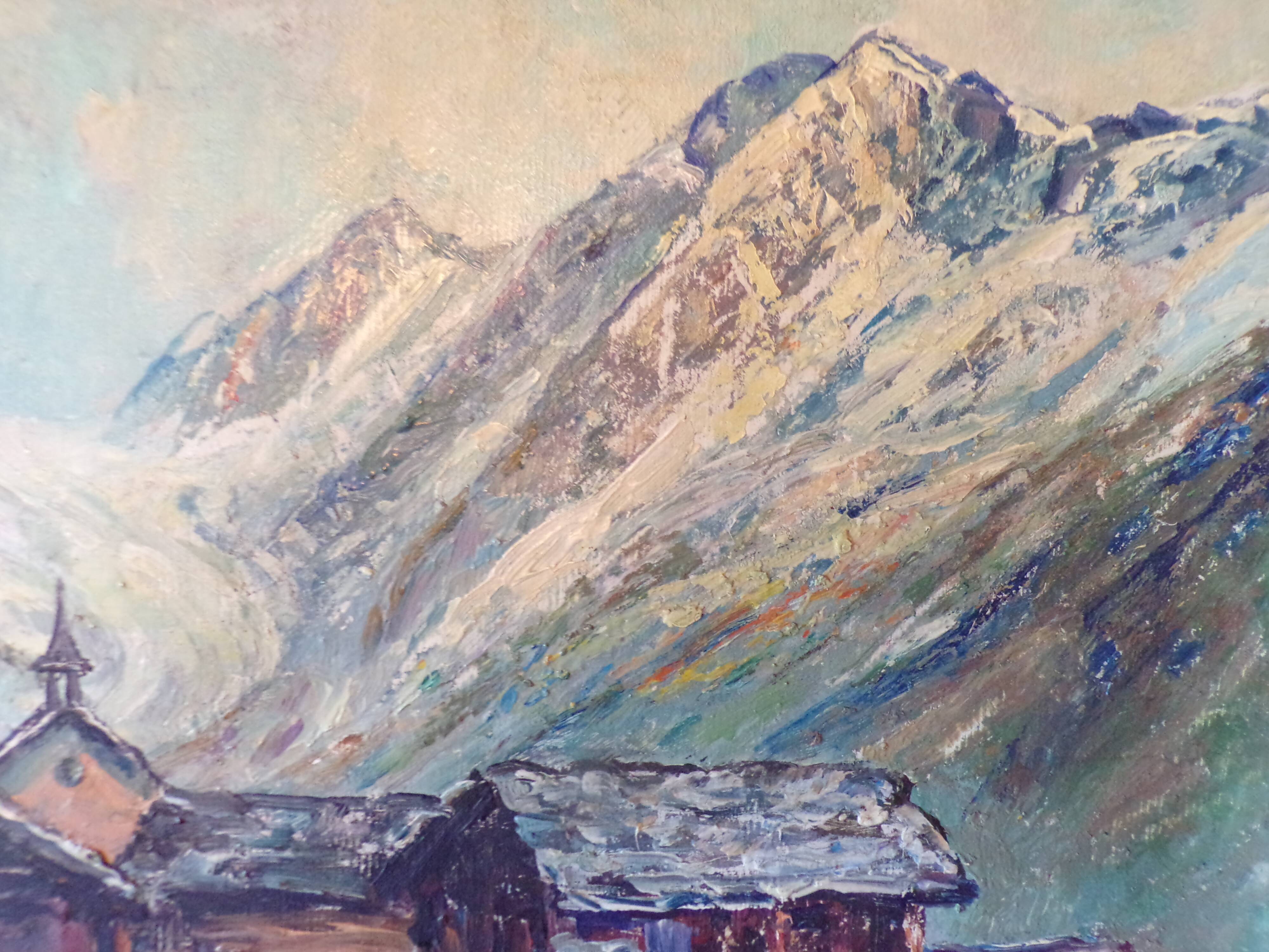Huile sur panneau "Paysage village Alpin "