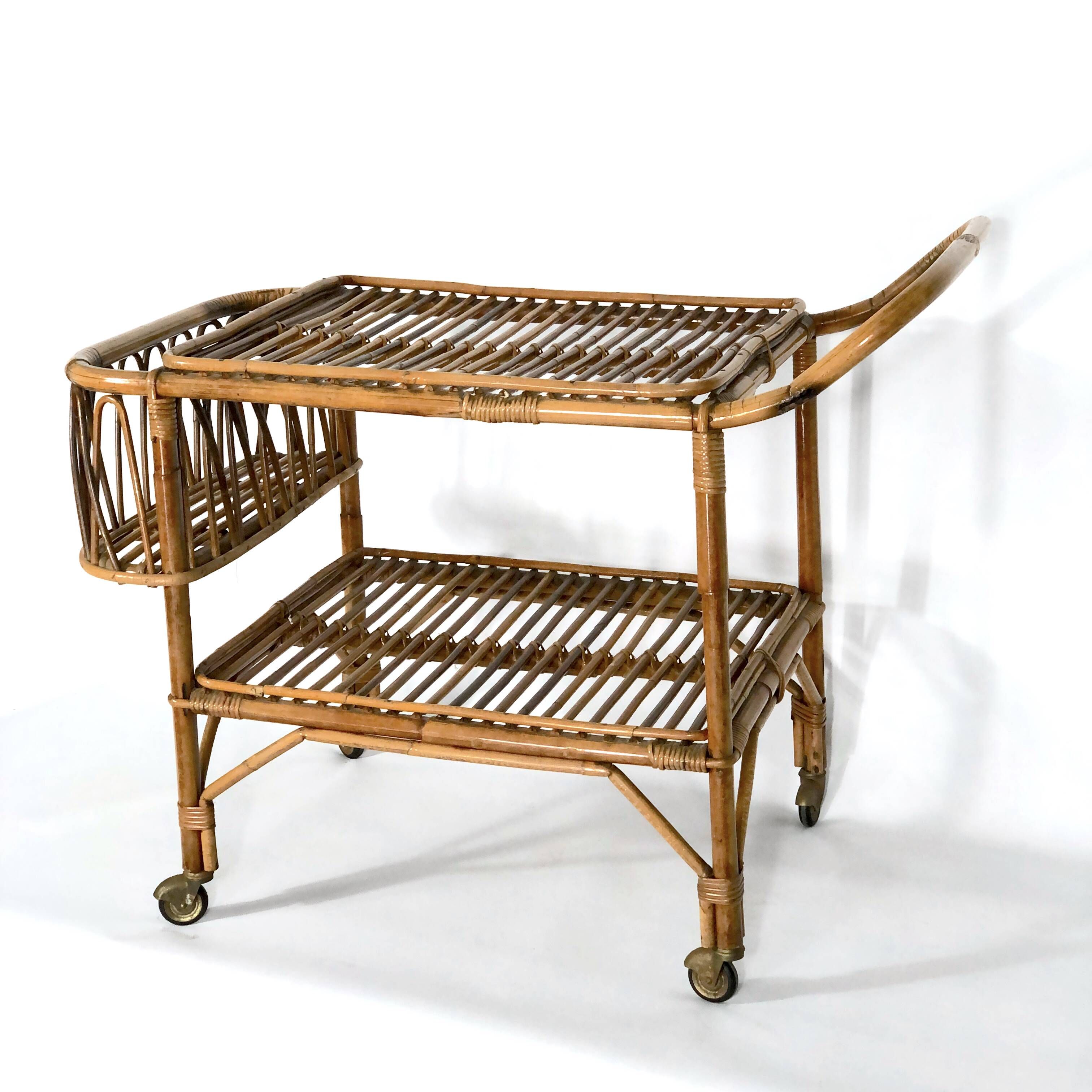 Vintage bamboo bar trolley from 50s. Made in Italy