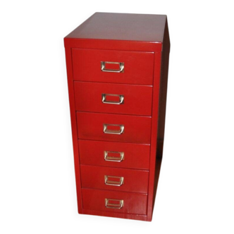 Purple industrial metal cabinet with six drawers, 1980s filing style.