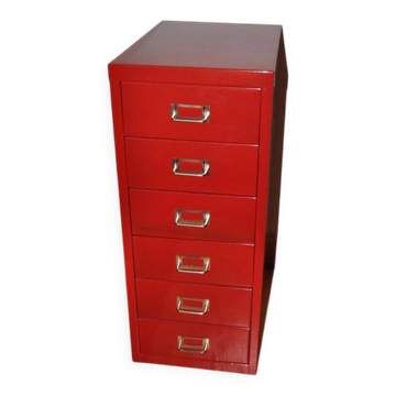 Purple industrial metal cabinet with six drawers, 1980s filing style.